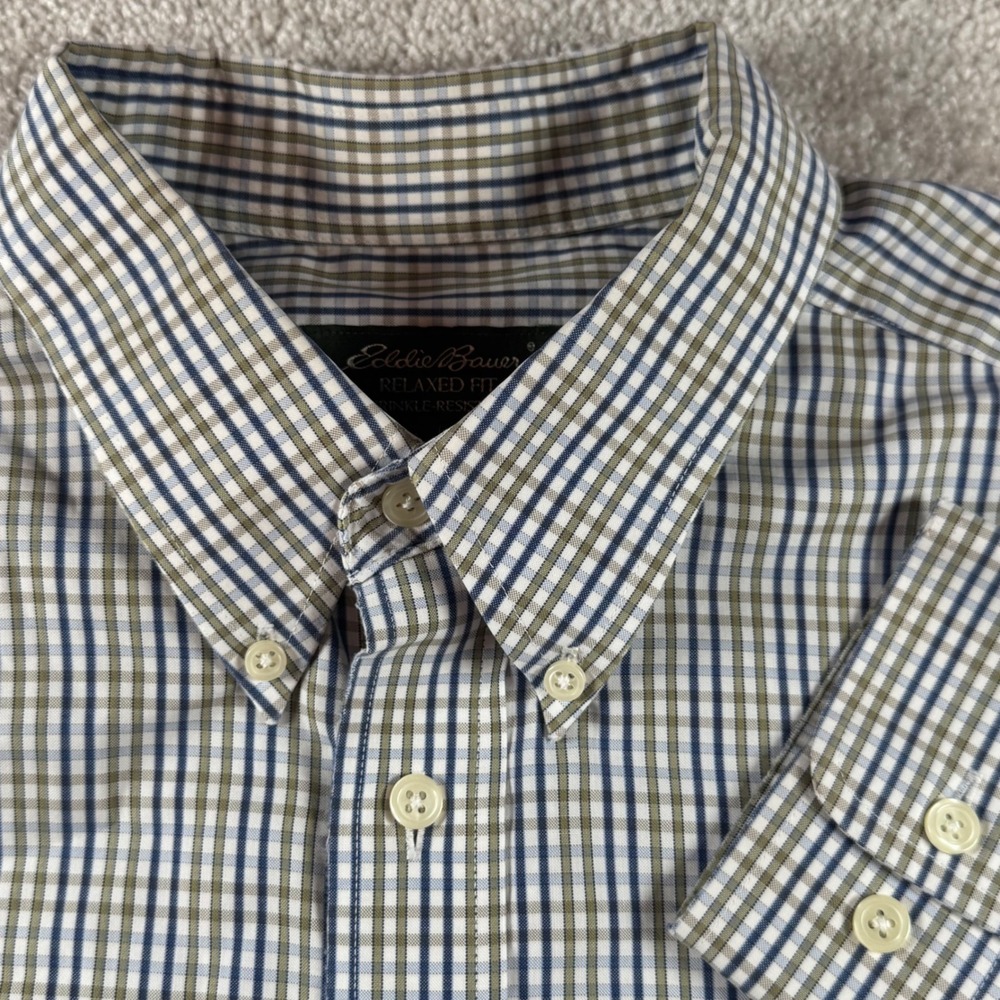 Eddie Bauer Mens Relaxed Fit Plaid Button Down Shirt Blue Tan Cotton Large